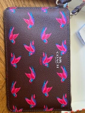 Coach Brown Wristlet with Pink & Blue Bird Print
